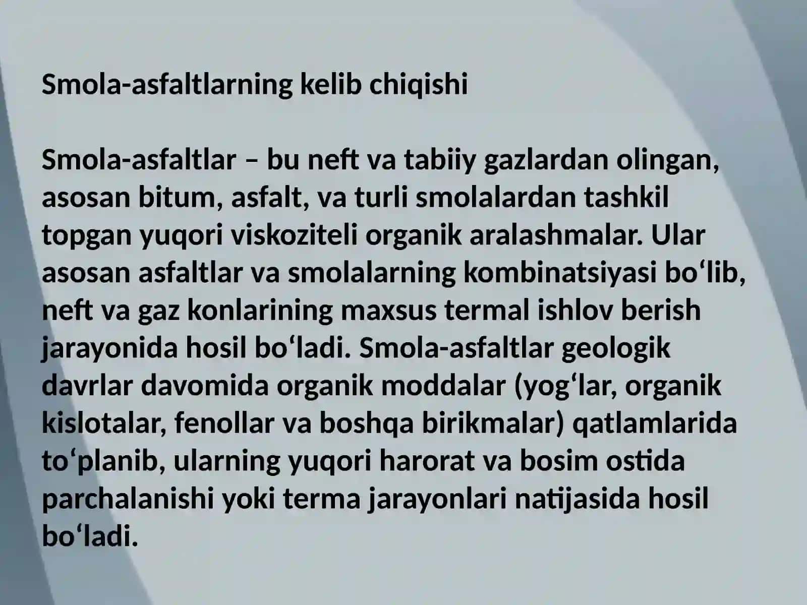 Neft tarkibidagi smola asfaltlar, kimyoviy tarkibi, fazoviy tuzilishi, fizik kimyoviy xossalari 2