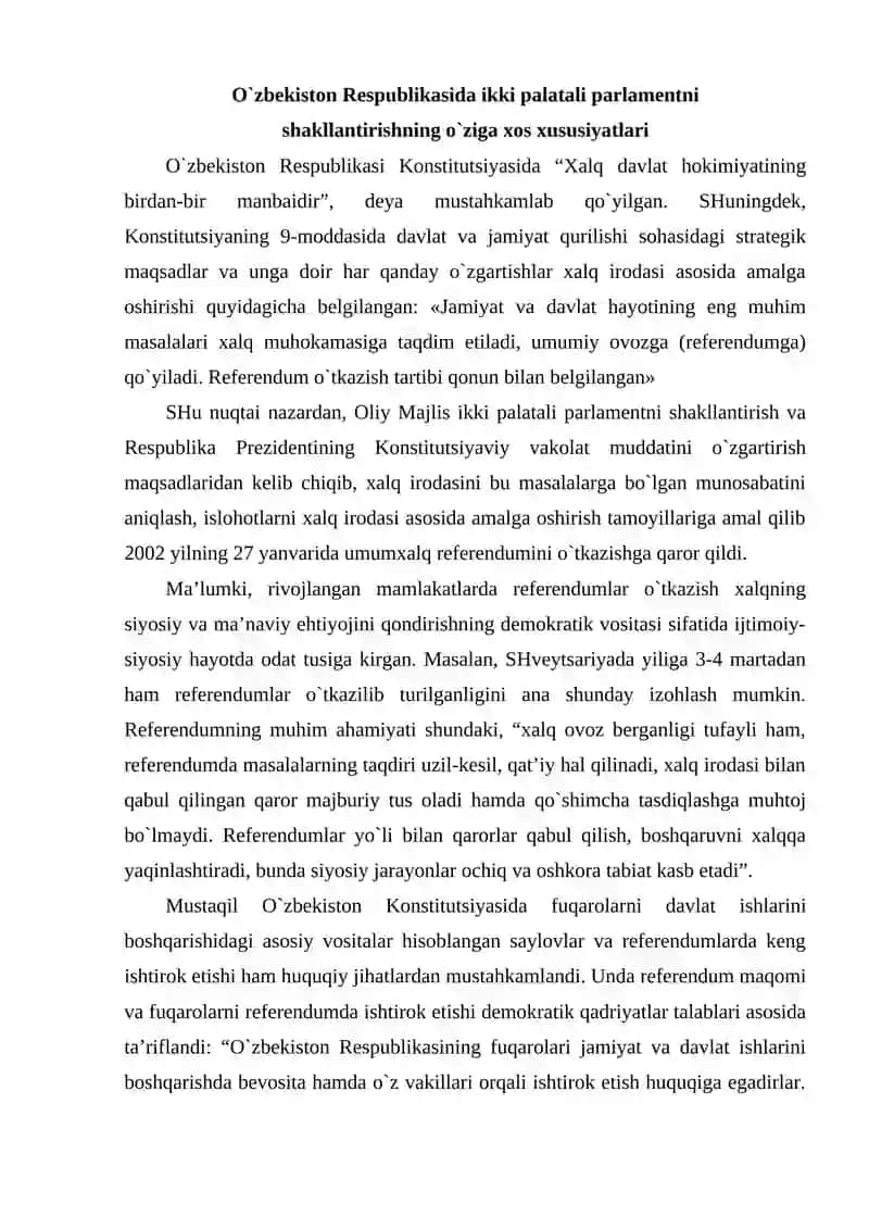 O'zbekistonda ikki palatali parlamentning shakllanishi qonunchilik palatasi va senat faoliyati 2