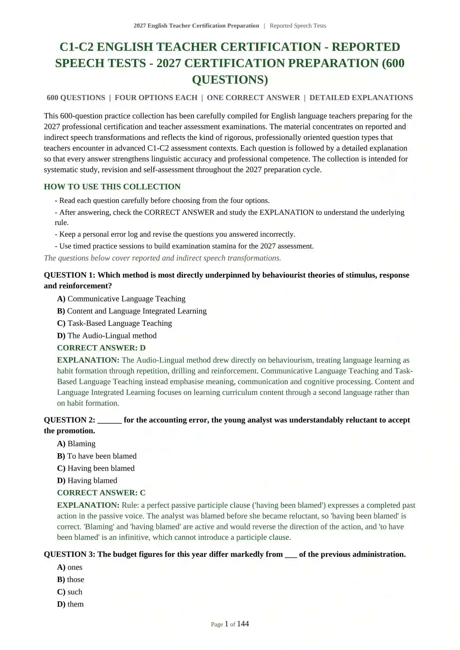 C1-C2 English Teacher Certification Preparation | Reported Speech Tests 2