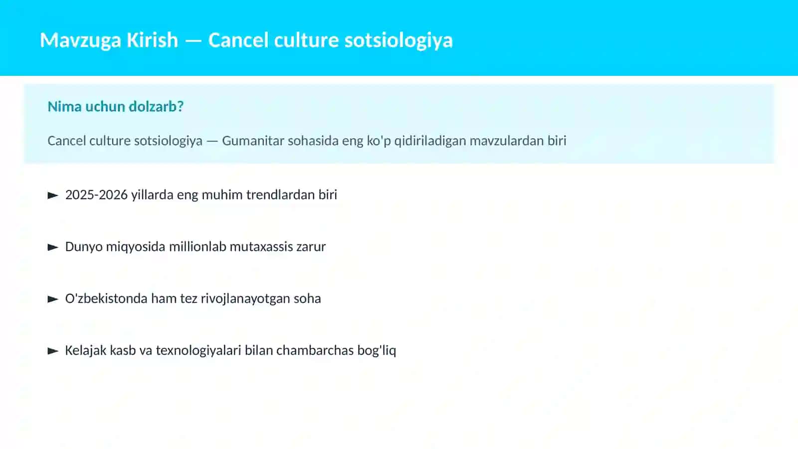 Mavzuga Kirish — Cancel culture sotsiologiya 2