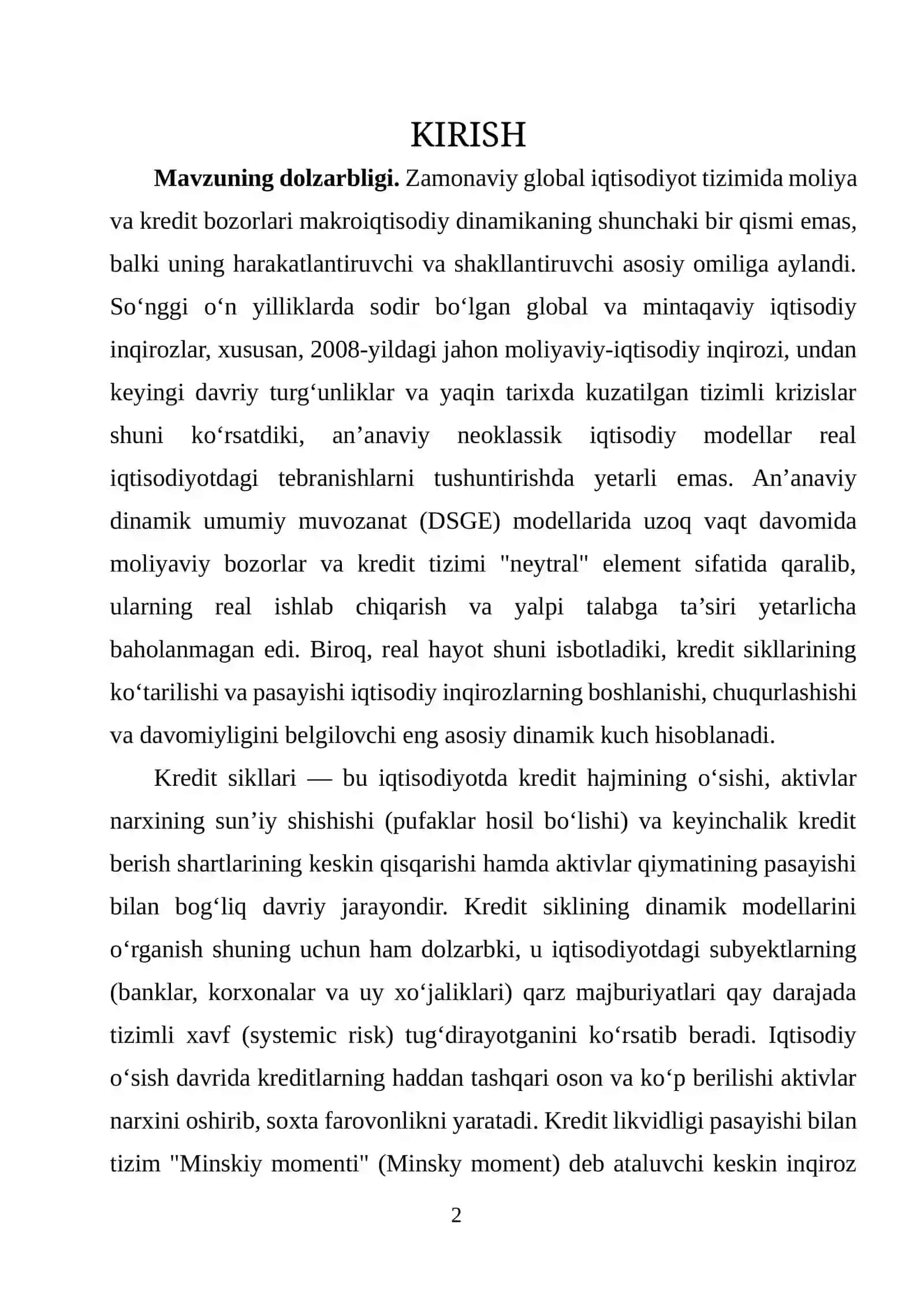 Iqtisodiy inqirozlarning dinamik modellarida kredit tsiklari 2
