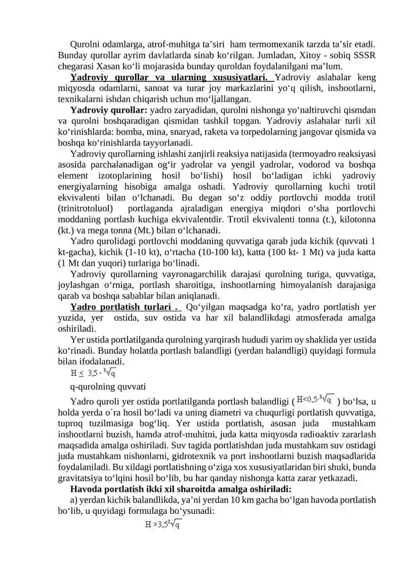Ommaviy qirg’in qurollar, ularning ta`sir xususiyatlari va talafotlari 2