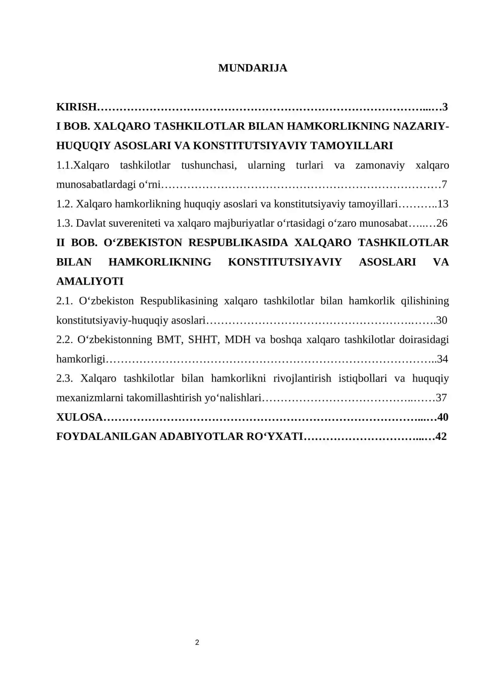 Xalqaro tashkilotlar bilan hamkorlikning konstitutsiyaviy asoslari  kurs ishi 2