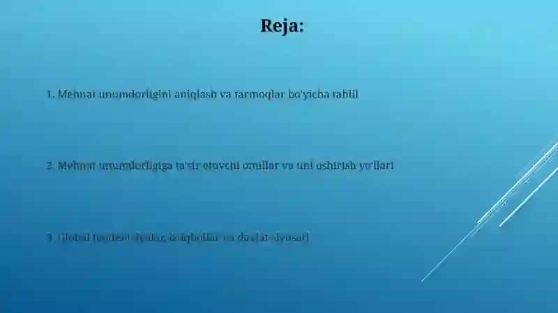 Mehnat unumdorligining tarmoq (qishloq xoʻjaligi, sanoat, xizmat) bo‘yicha tahlili 2