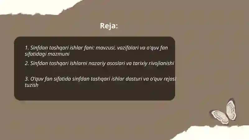 Sinfdan tashqari ishlarni tashkil qilish va oʻqitish metodikasi fani 2