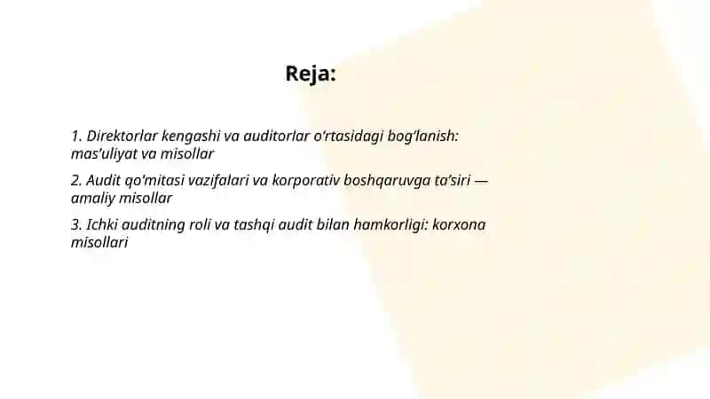 Korporativ boshqaruv va audit oʻrtasidagi bogʻlanishni misollar bilan izohlash 2