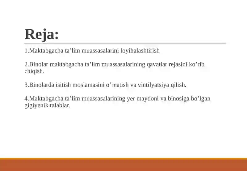 TASHKILLASHTIRILGAN BOLALAR MUASSASALARINI LOYIHALASHTIRISH QURISH VA JIHOZLASHGA BO`LGAN GIGIYENIK TALABLAR 2