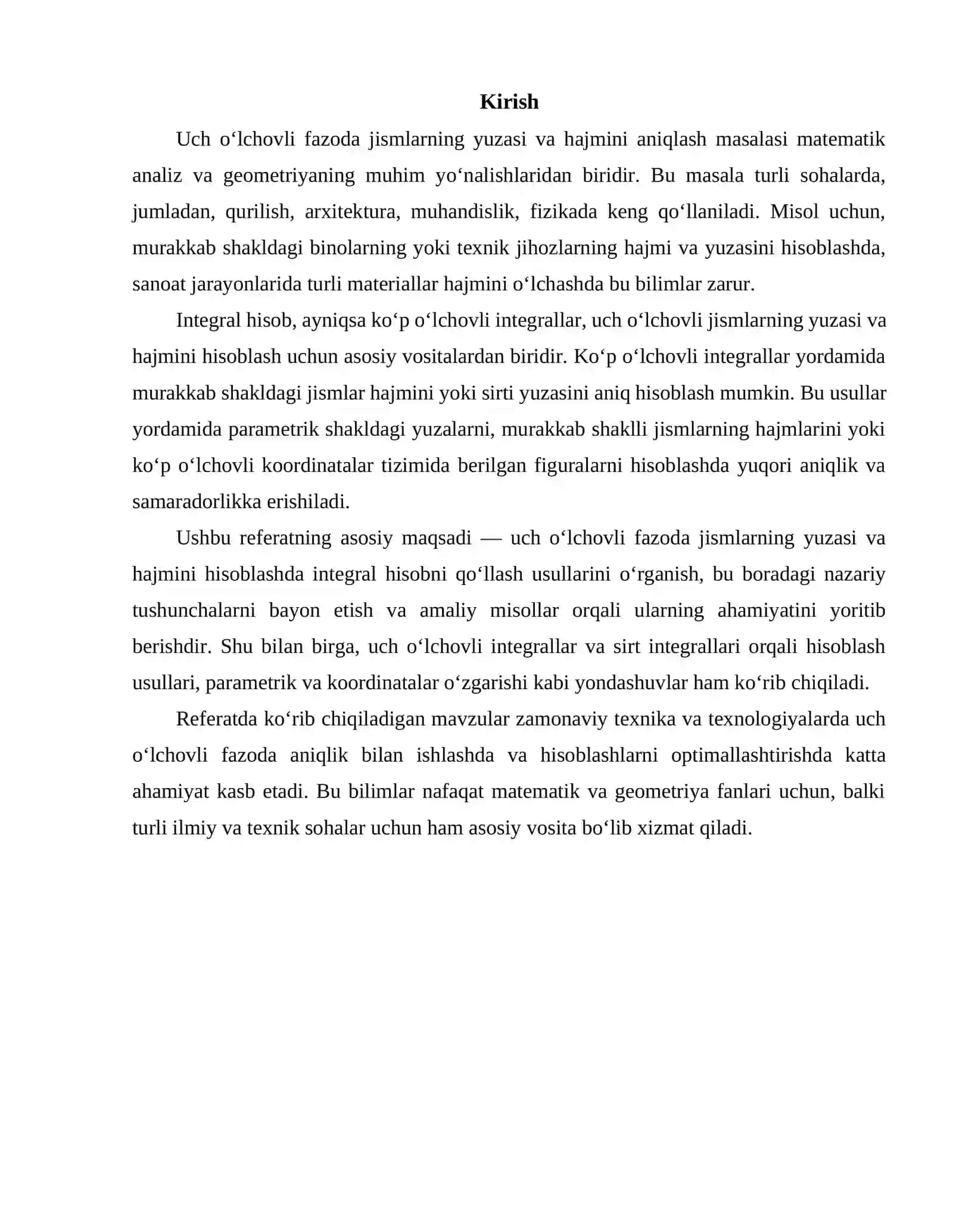 Uch o‘lchovli fazoda jismlarning yuza va hajmlarini hisoblashda integral hisob tatbiqlari 2