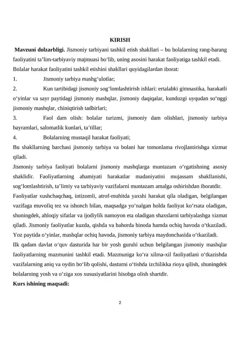 MAKTABGACHA TA’LIM TASHKILOTLARIDA JISMONIY TARBIYANI TASHKIL ETISH KURS ISHI 2