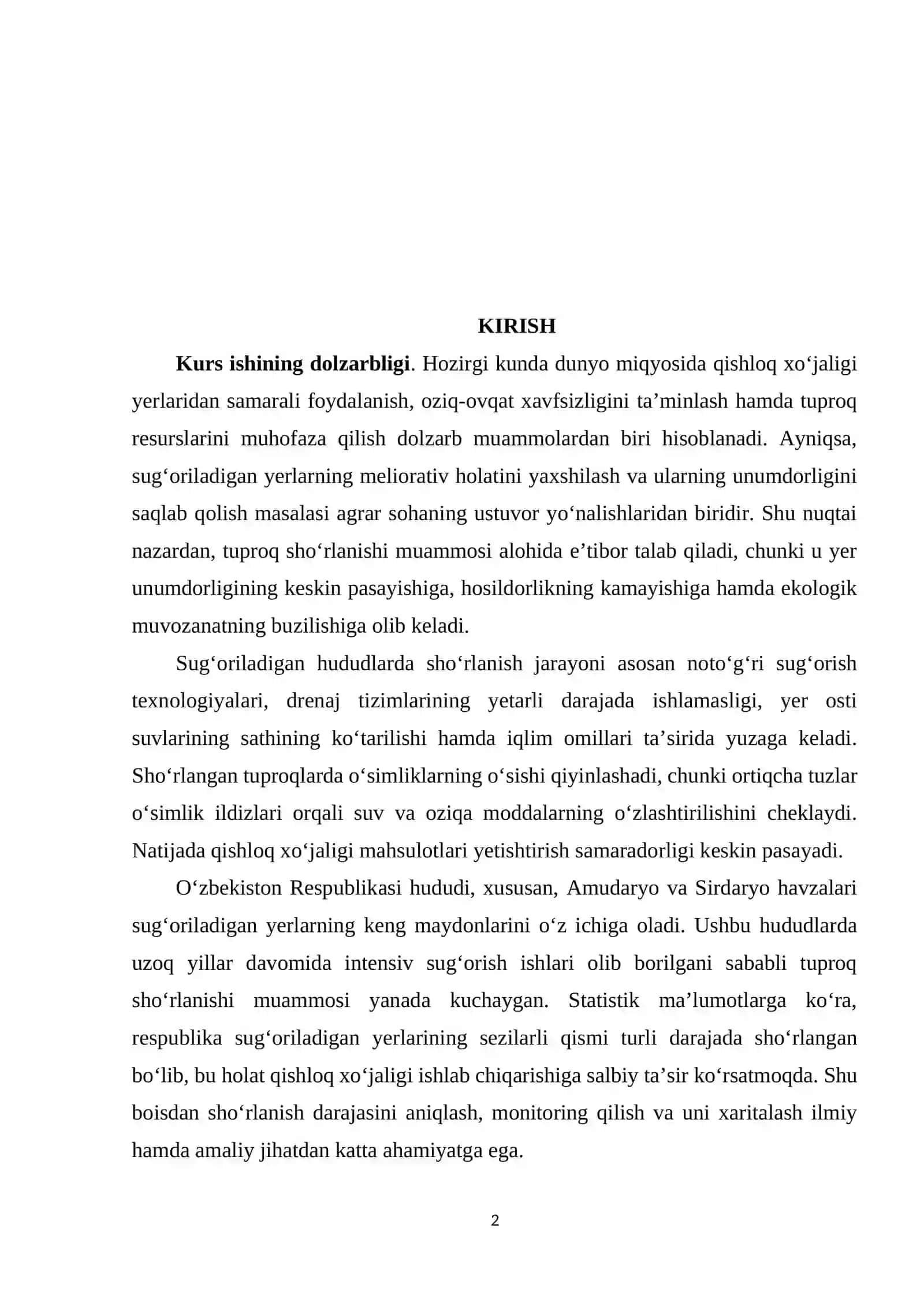 KIRISH I BOB. SUG’ORILADIGAN YERLARDA SHO’RLANISH MUAMMOSI VA UNI MONITORING QILISHNING NAZARIY ASOSLARI 2
