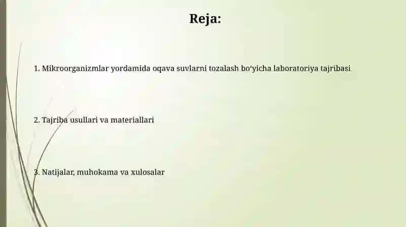 Oqava suvlarni mikroorganizmlar yordamida tozalash labaratoriya tajribasi 2