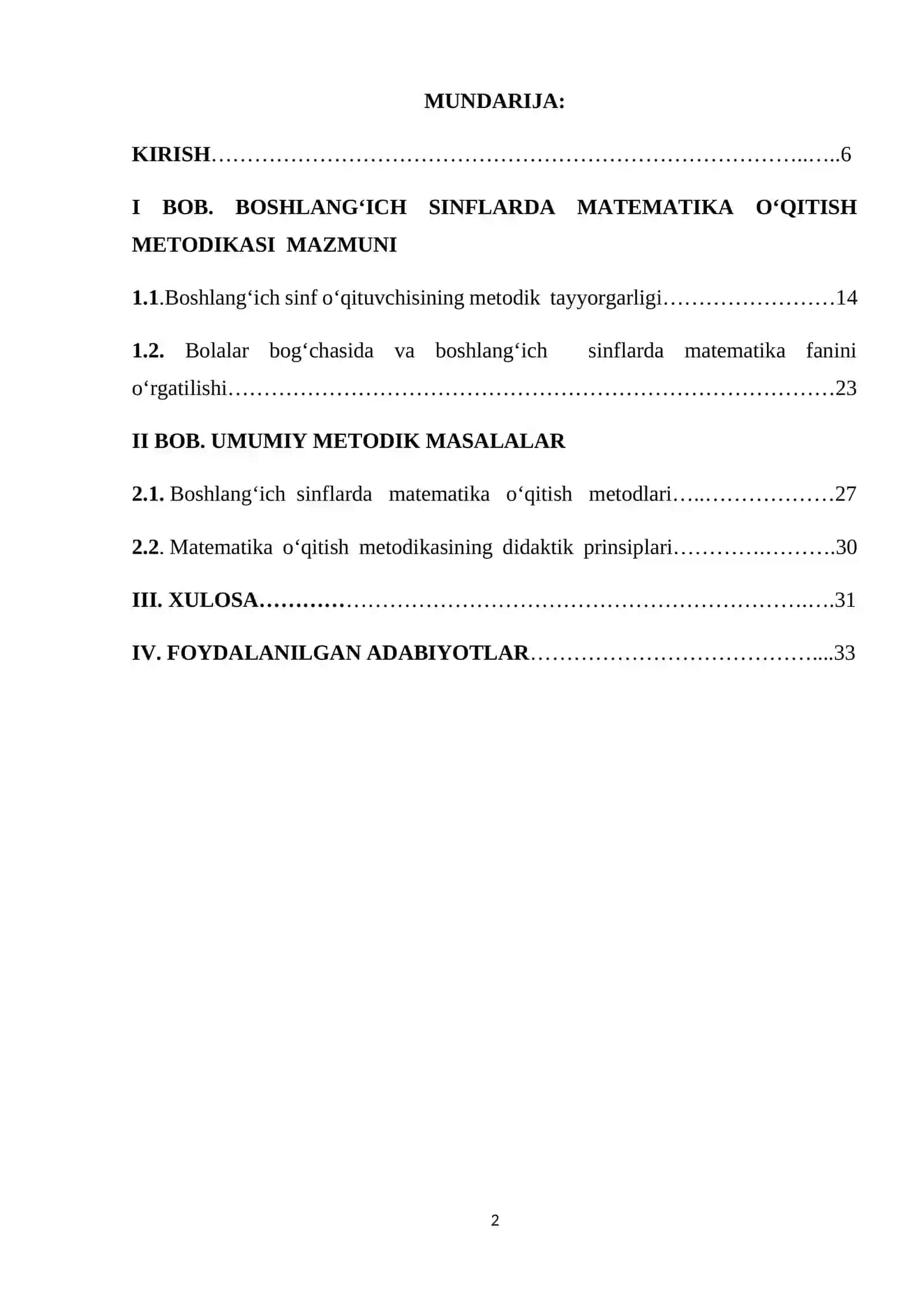 BOSHLANG‘ICH SINFLARDA MATEMATIKA O‘QITISHNING UMUMIY MASALALARI KURS ISHI 2