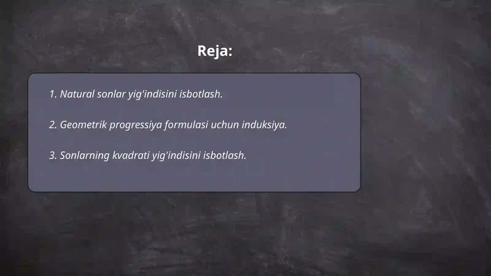 Matematik induksiya metodini qo'llashga oid misollar yechish 2
