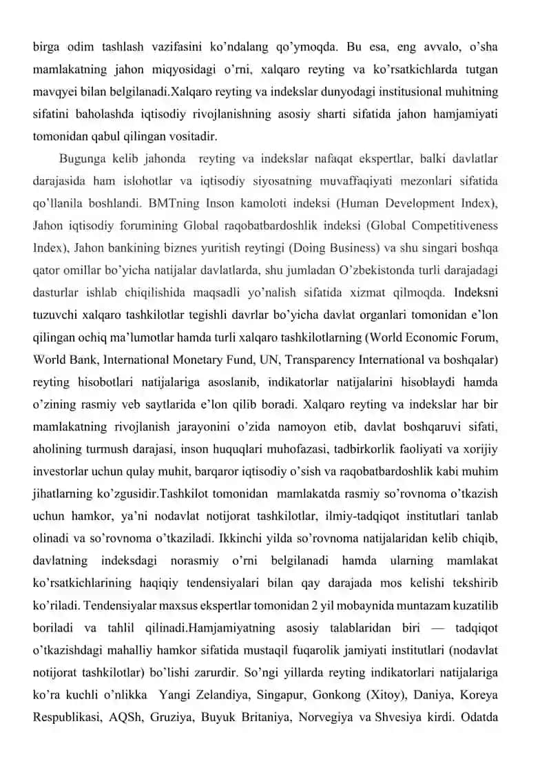 O’zbekiston Respublikasining xalqaro reyting va  indekslardagi o’rni va nufuzining ortib borishi 2