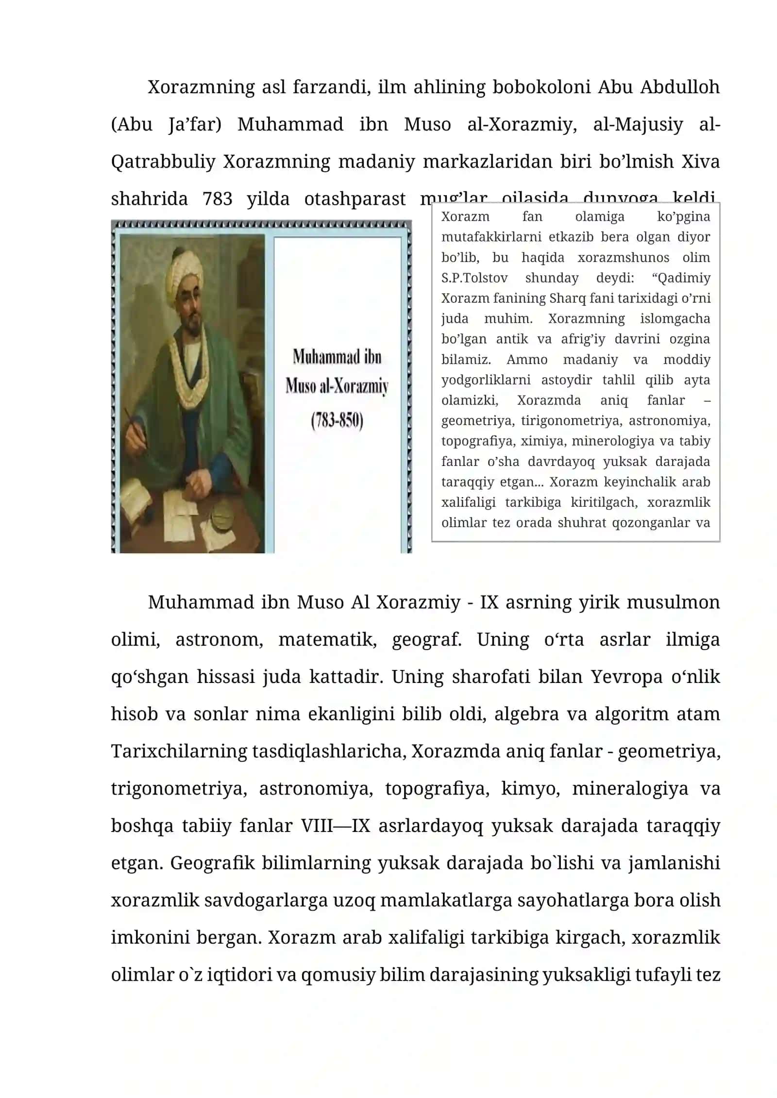 Abu Jaʼfar (Abu Abdulloh) Muhammad ibn Muso al Xorazmiy hayoti va ijodi haqida 2