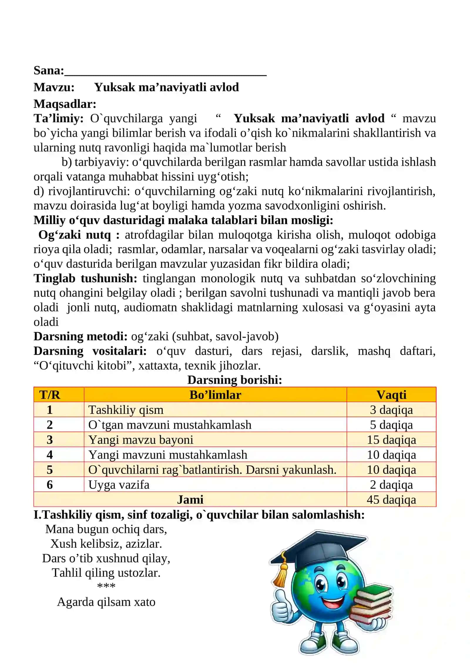 Yuksak ma’naviyatli avlod mavzusida 2-sinf O'qish fanidan dars ishlanmasi 2