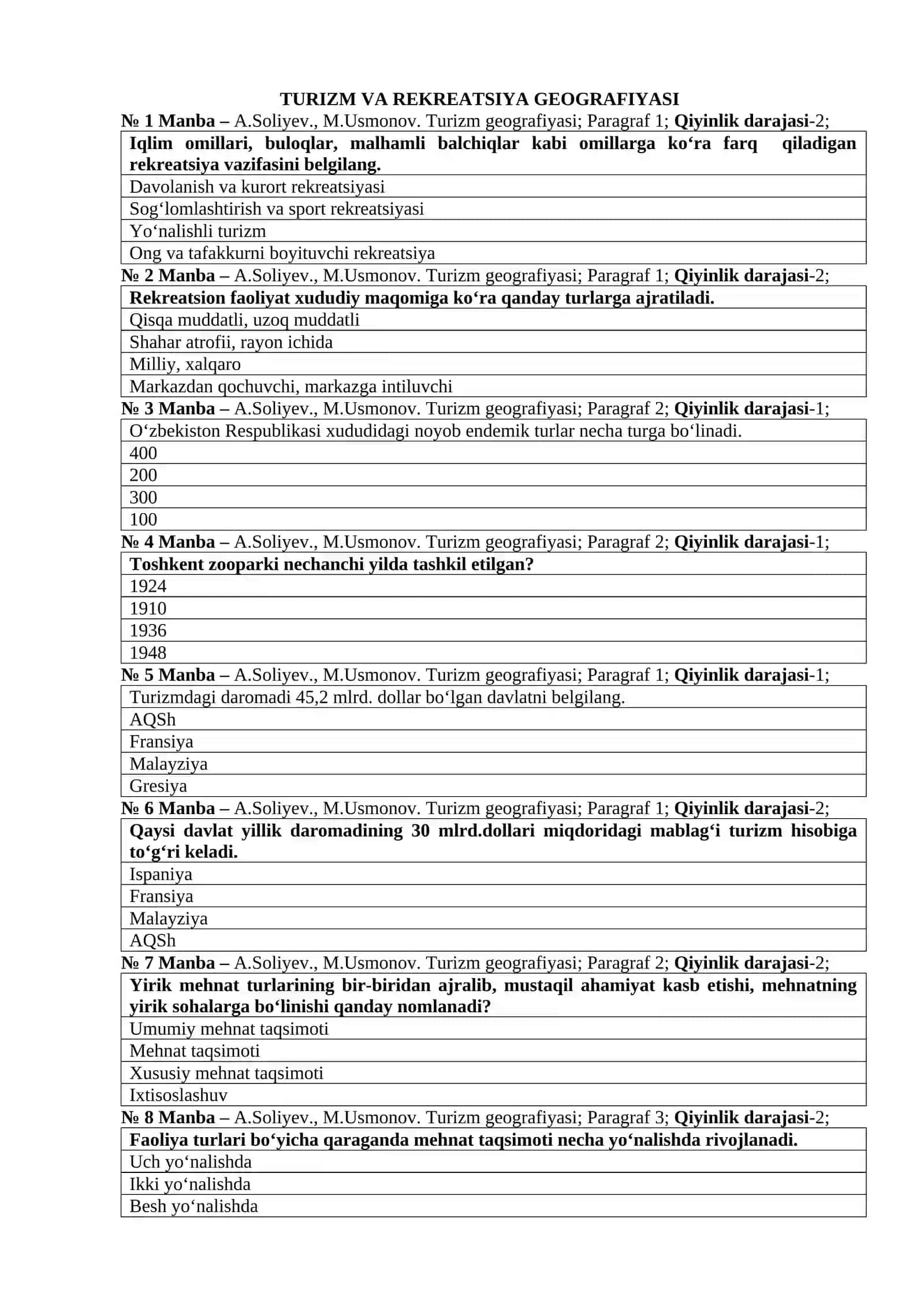 TURIZM VA REKREATSIYA GEOGRAFIYASI fanidan TEST SAVOLLARI 2
