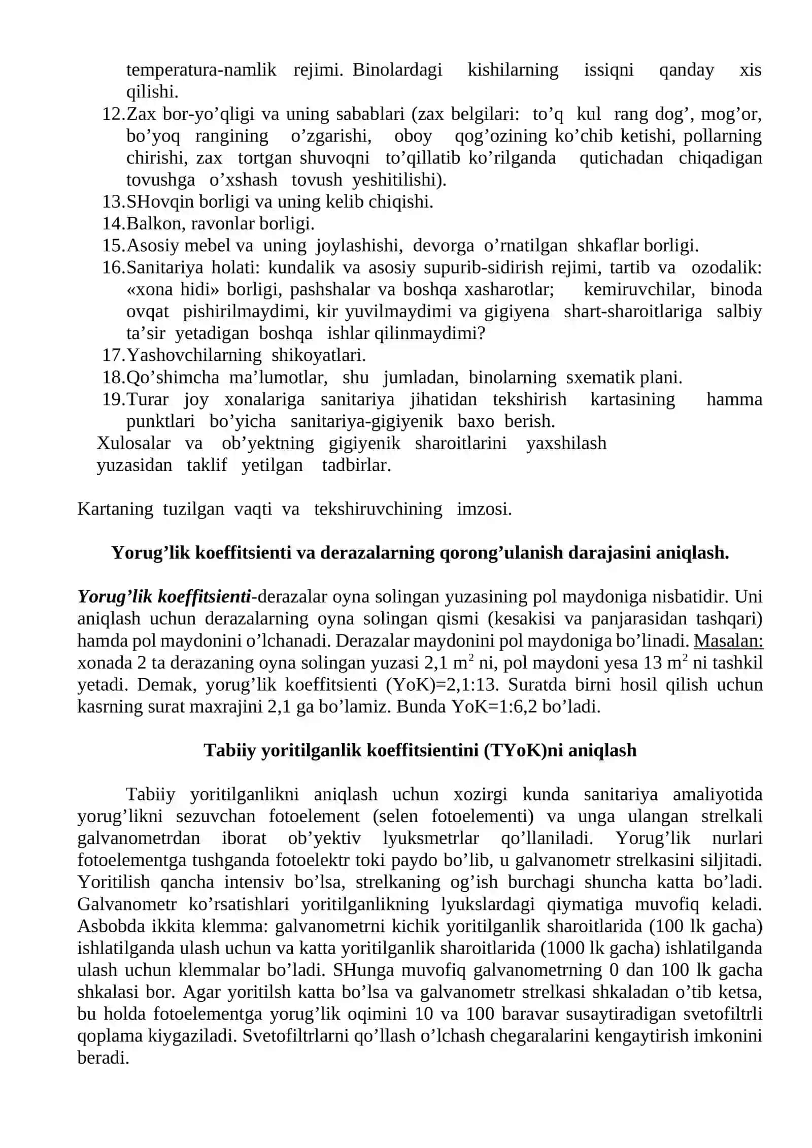 Turar joyni sanitariya tekshiruvi. Yoritilganlikni aniqlash 2