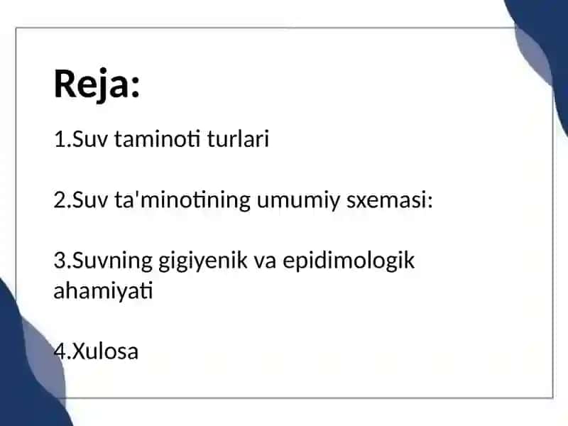 Mahalliy va markazlashgan suv ta'minoti haqida tushuncha, ularning gigienik ahamiyati 2