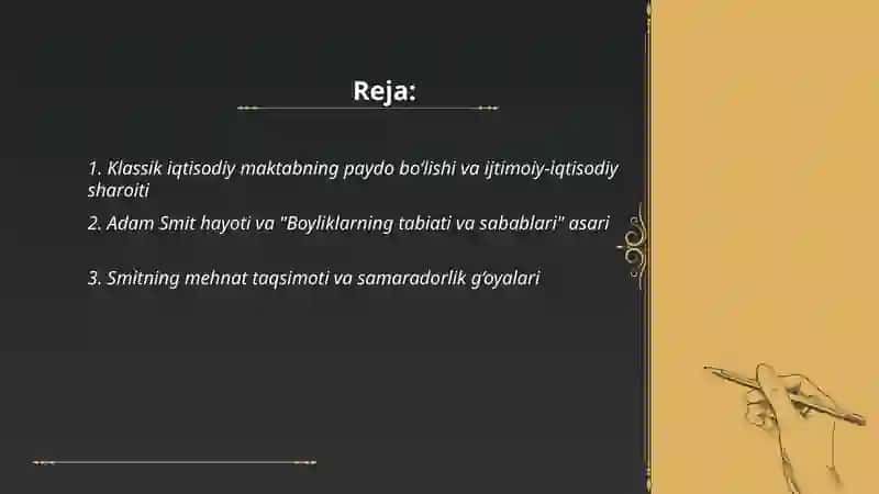 Klassik iqtisodiy maktabning tolliq shakillanishi adm smit va devid rekardo iqtisodiy talimotlari 2