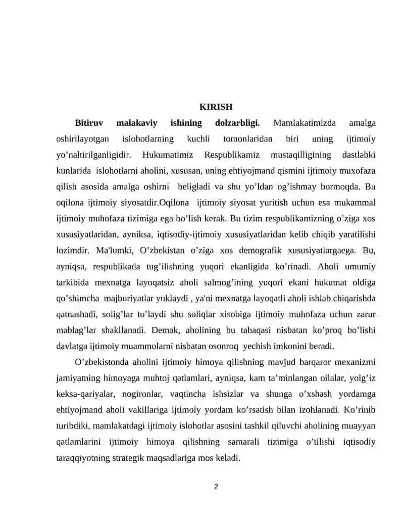 Aholini ijtimoiy himoya qilish tizimida ijtimoiy ish mutaxassisligining o’rni pensiya ta’minoti misolida 2