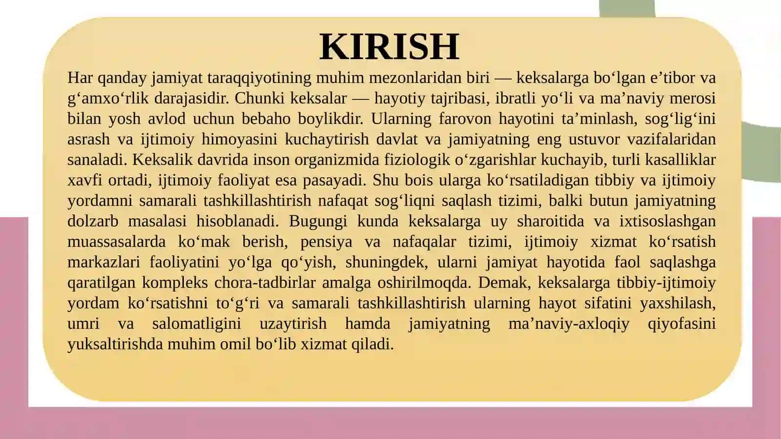 Keksalarga tibbiy-ijtimoiy yordam koʻrsatishni tashkillashtirish 2