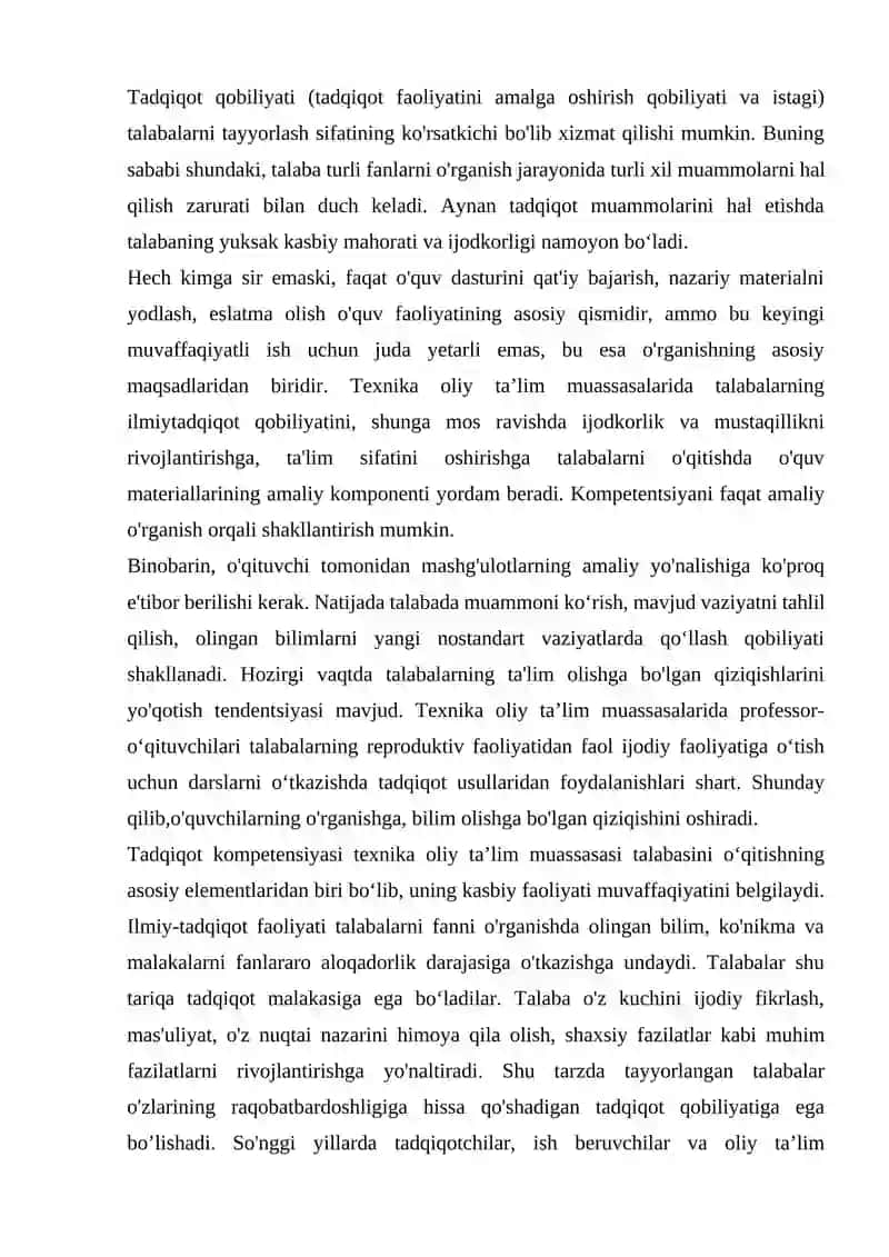 Innovatsion rivojlanishda talabalar ilmiy-tadqiqot kompetentsiyasi muammosining hozirgi holati 2