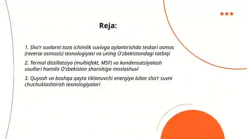 Oʻzbekiston sharoitida shoʻr suvlardan chuchuk suvlar olish texnologiyasi 2