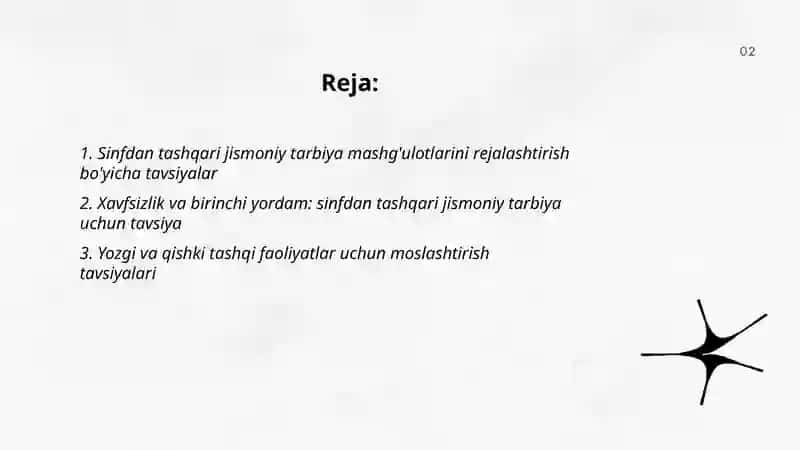 Sinfdan tashqari olib boriladigan jismoniy tarbiya ishlariga tavsiya 2