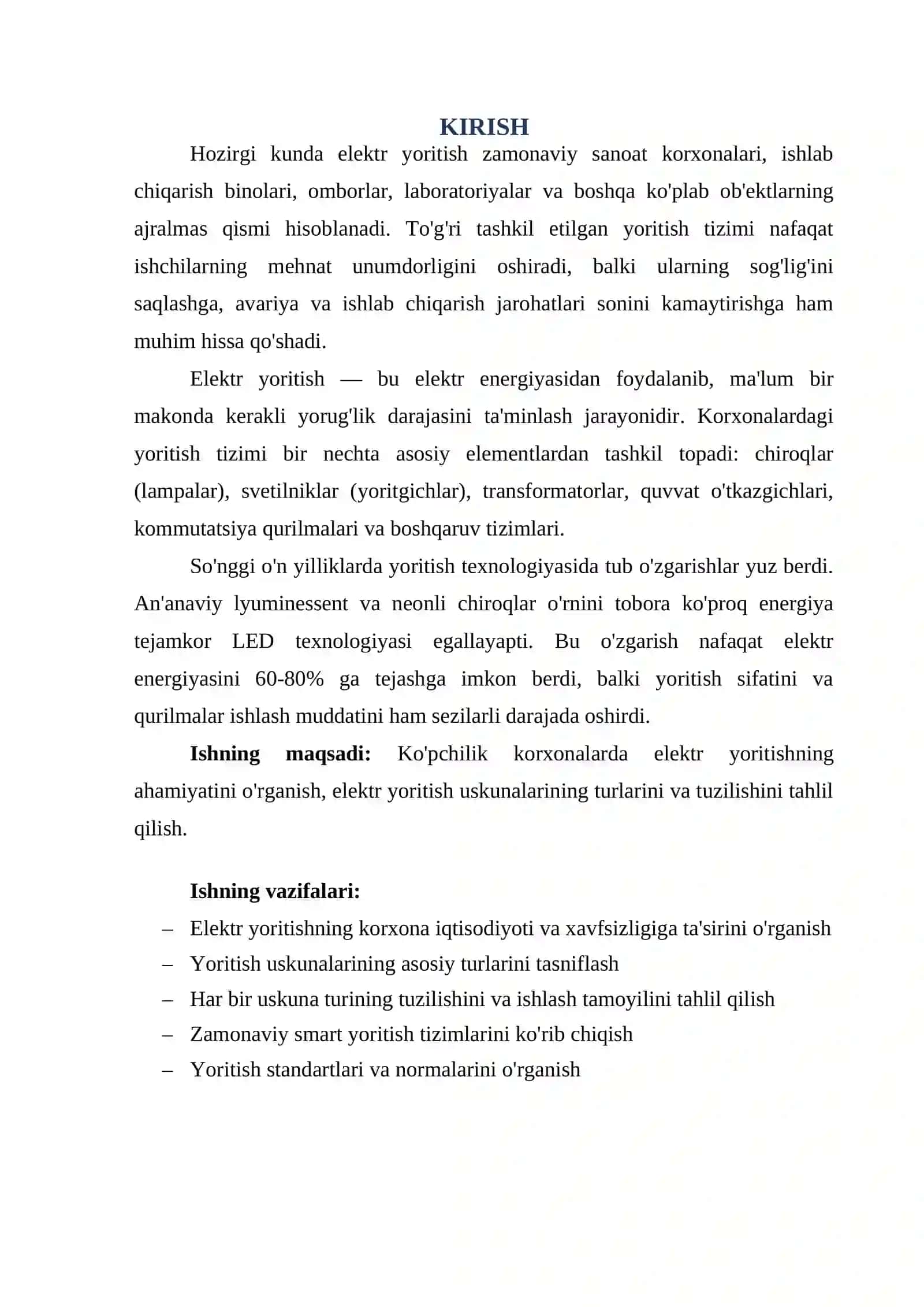 KONCHILIK KORXONALARDA ELEKTR YORITISHNING AHAMIYATI. ELEKTR YORITISH USKUNALARINING TURLARI VA TUZILISHI 2
