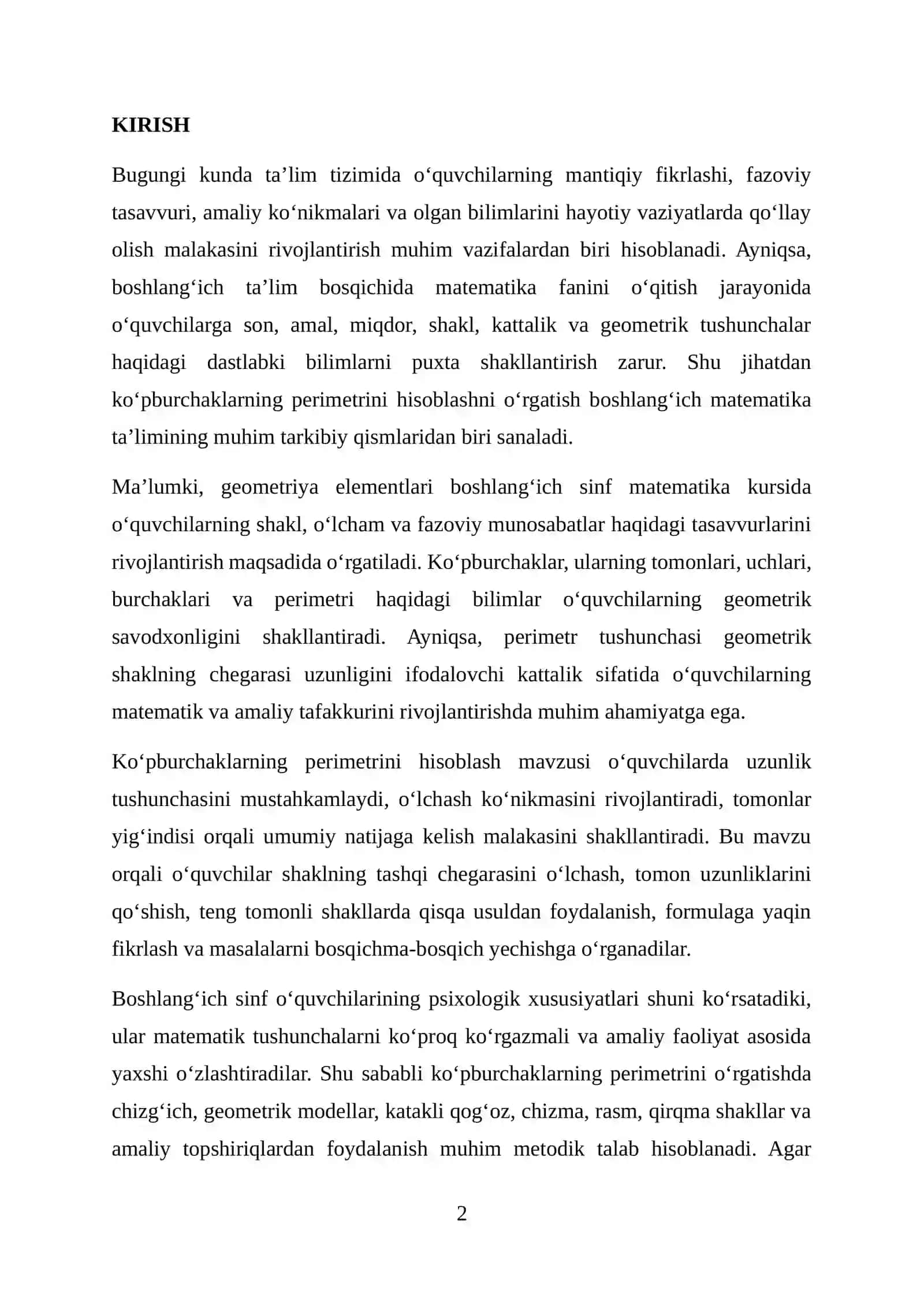 Ko‘pburchaklarning perimetrini hisoblashni o‘rgatishning ilmiy-nazariy hamda pedagogik-psixologik asoslari 2