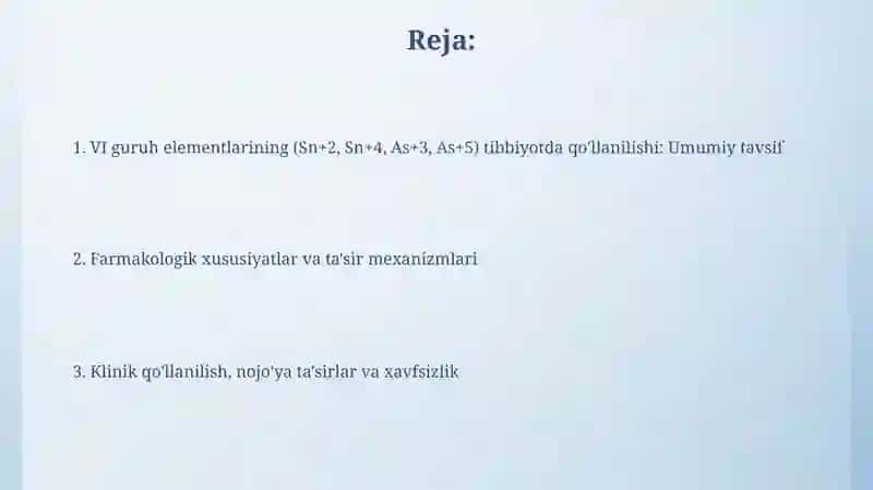 VI-guruh Sn+2,Sn+4,As+3,As+5 kationlarni tibbiyotda ishlatilishi 2