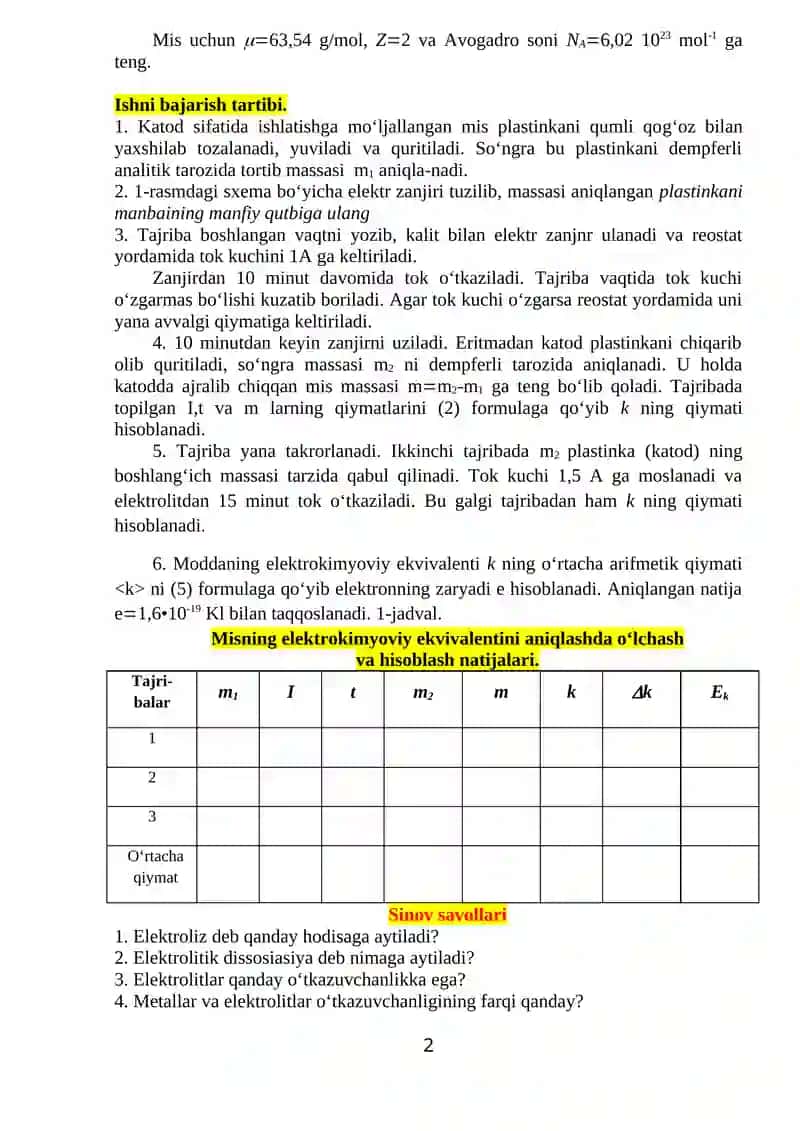 MISNING ELЕKTRОKIMYOVIY EKVIVАLЕNTI VА ELЕKTRОN ZАRYADINI АNIQLАSH 2