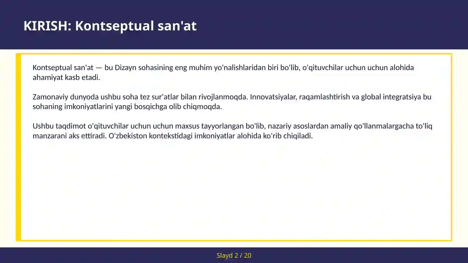 KONTSEPTUAL SAN'AT Installatsiya — o'qituvchilar uchun 2030 kelajak yili 2