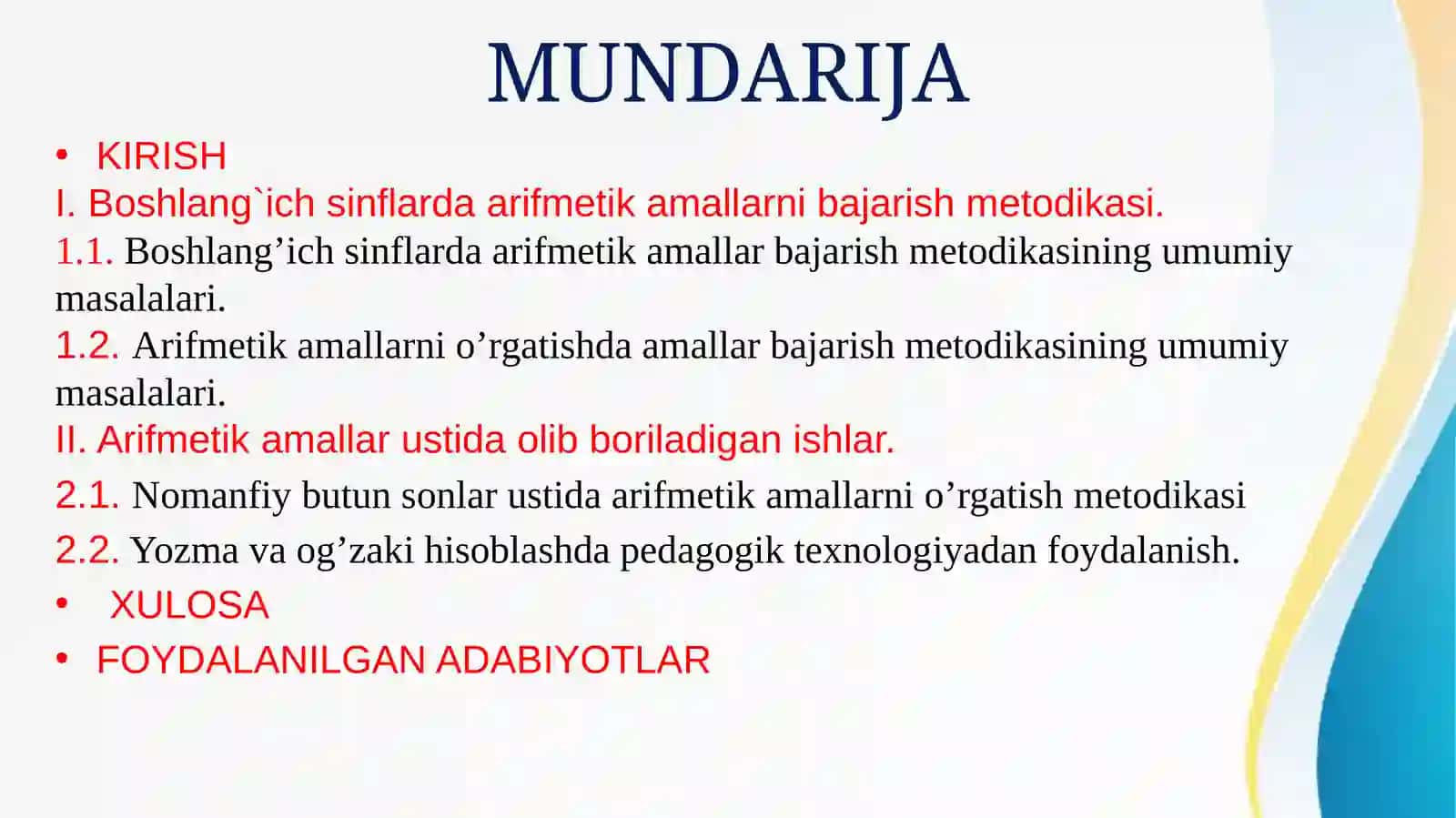 "Arifmetik amallarni o’rgatishning umumiy masalalari." 2