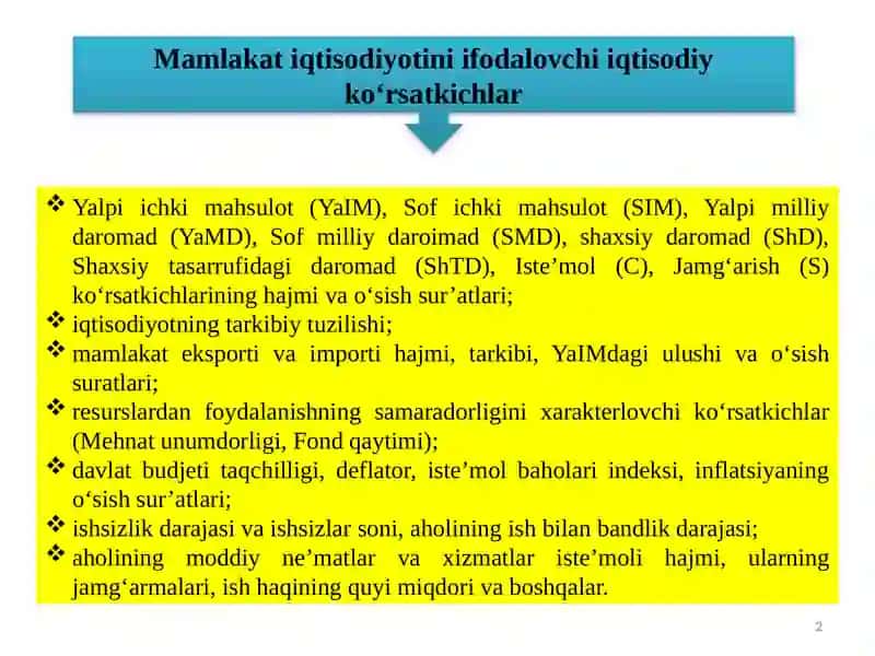 Mamlakatiqtisodiyotiniifodalovchi iqtisodiy ko‘rsatkichlar 2