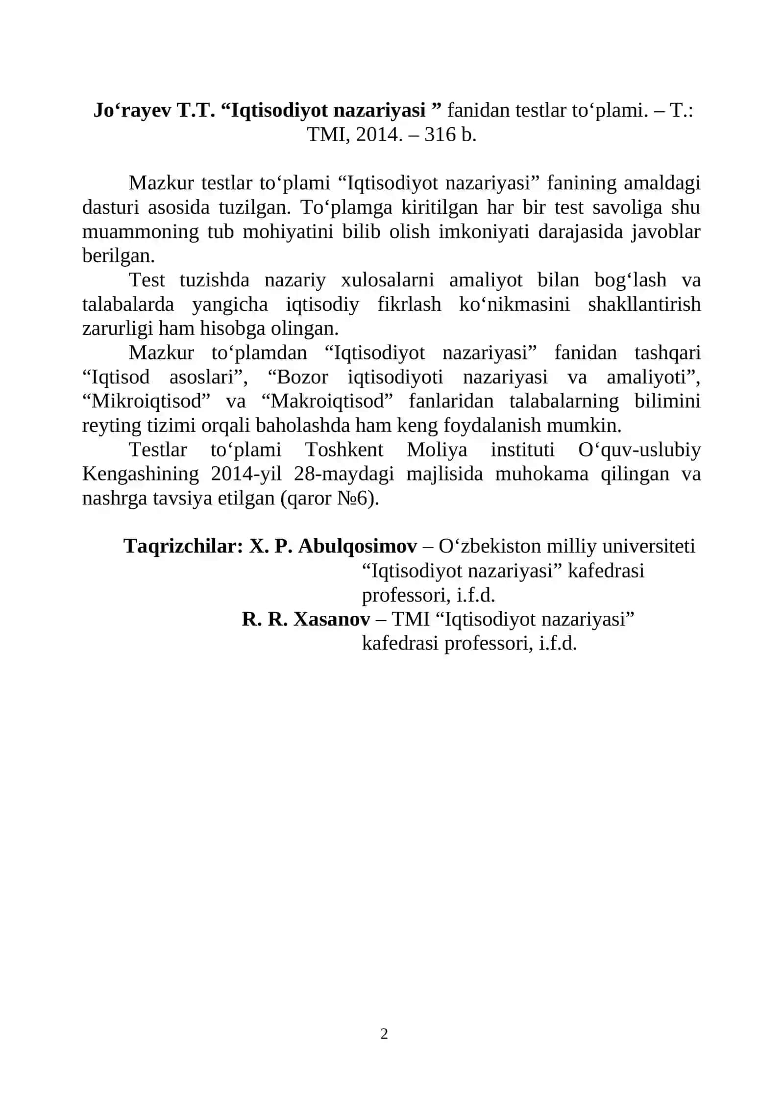 “IQTISODIYOT NAZARIYASI” fanidan testlar to‘plami 2