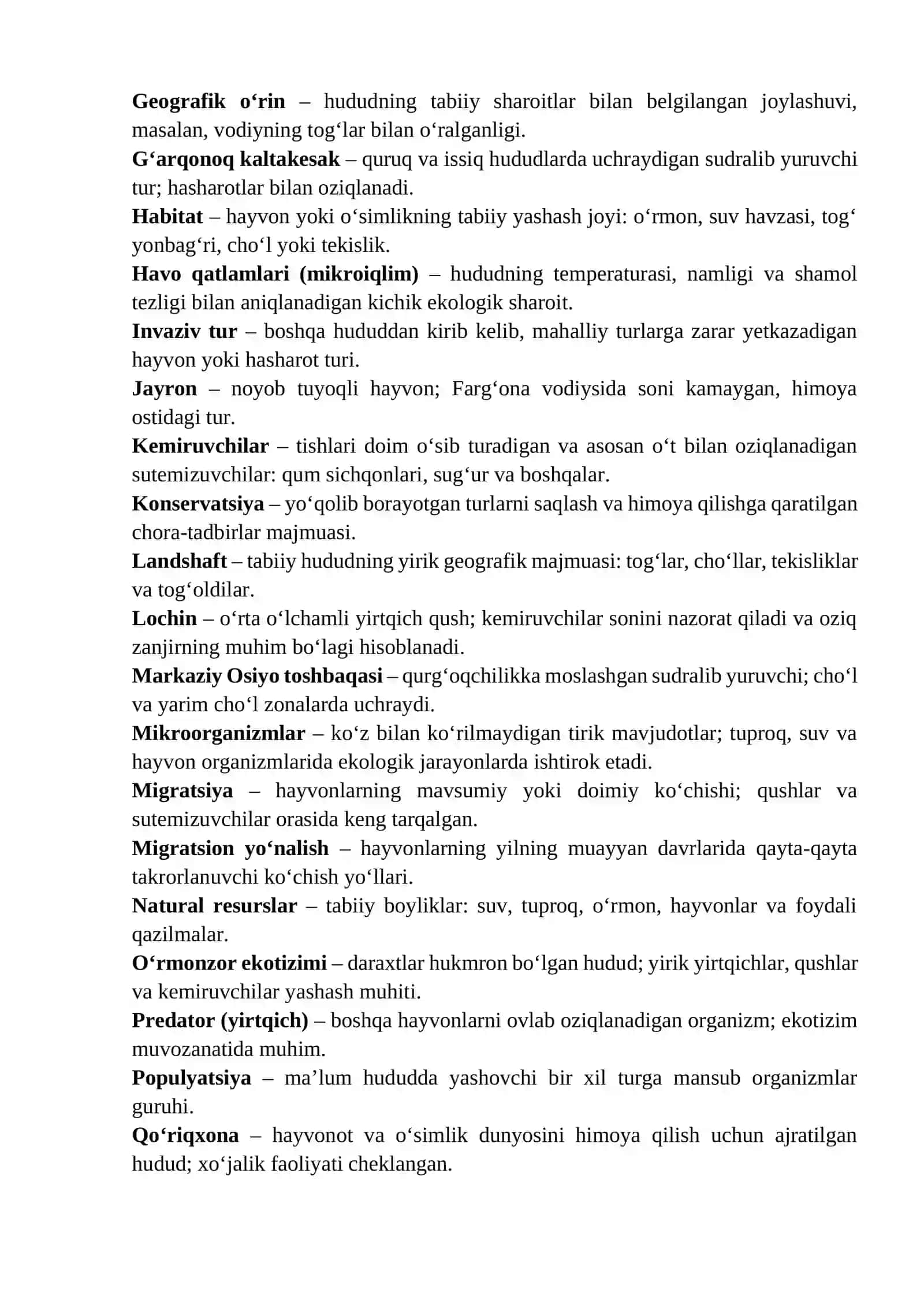 Farg‘ona vodiysi hayvonot dunyosi glossariy 2