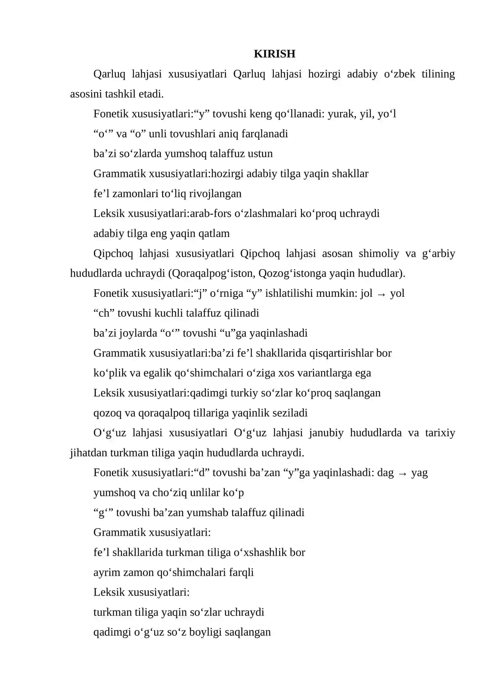 OʻZBEK TILINING QARLUQ, QIPCHOQ, OʻGʻUZ LAHJALARIGA XOS XUSUSIYATLARI 2