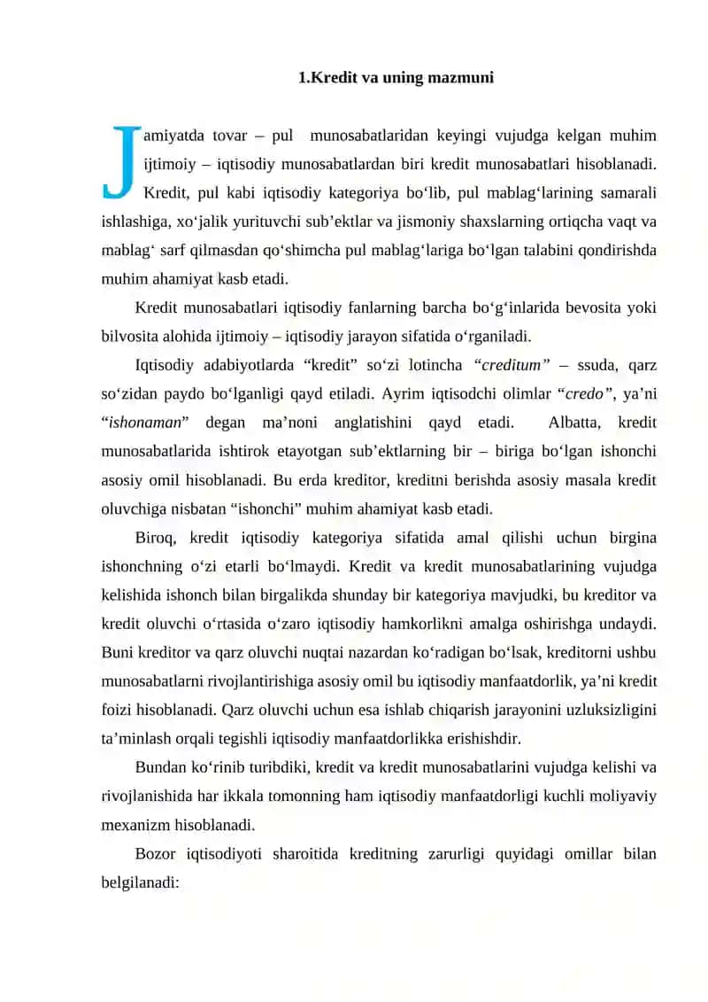 Kreditning zarurligi, funksiyalari, turlari va shakllari 2