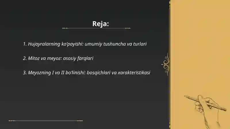 Hujayralarning koʻpayishi. MEYOZ.Uning biologik ahamiyati. 2