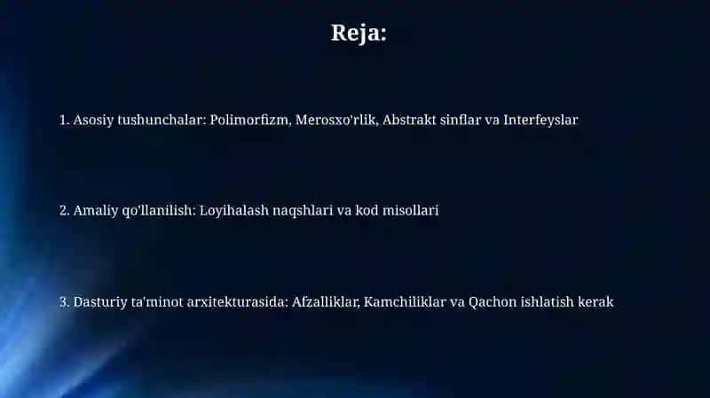 Polimorfizm, Merosxo'rlik, Abstrakt Sinflar va Interfeyslar: Asosiy Tushunchalar 2