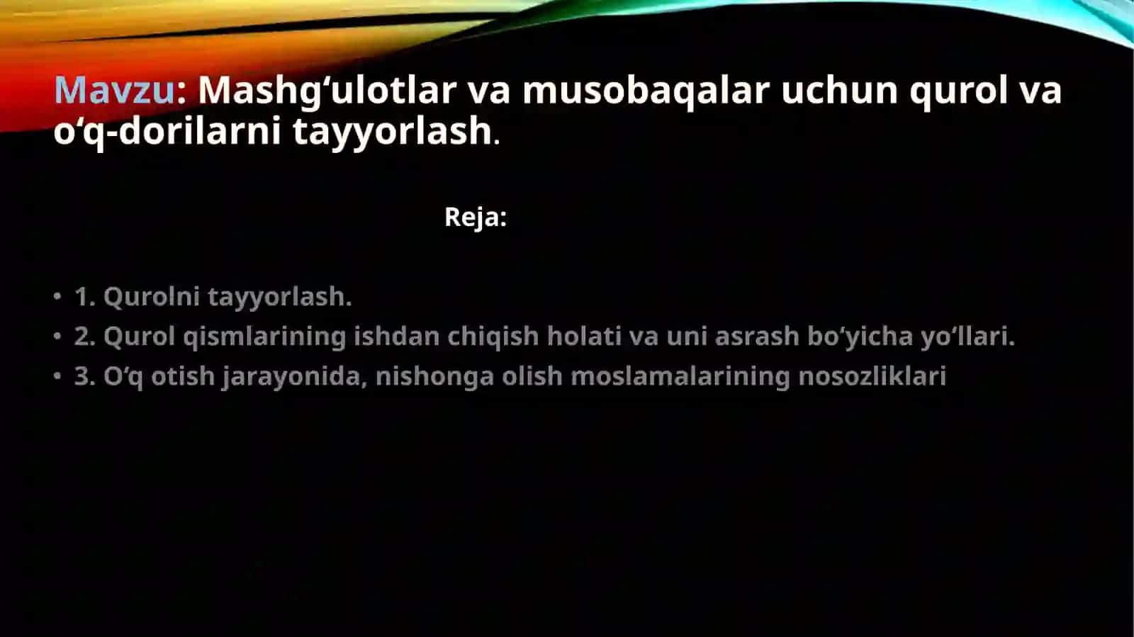 3-KURS 21\131-KURSANTI YIGITALIYEV SARDORBEKNINGO`Q OTISH VA UNI O`QITISH METODIKASI FANIDAN TAYYORLAGAN TAQDIMOTI 2