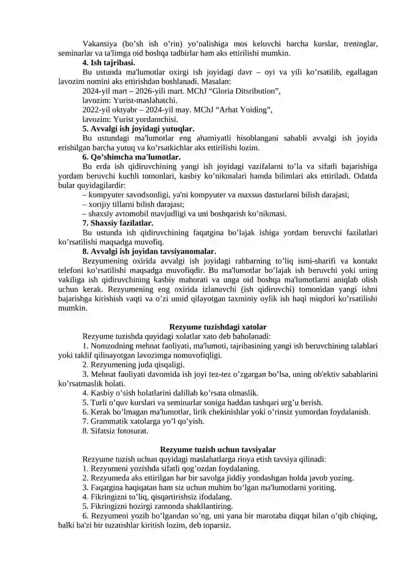 Rеzyumе tuzish talablari 2