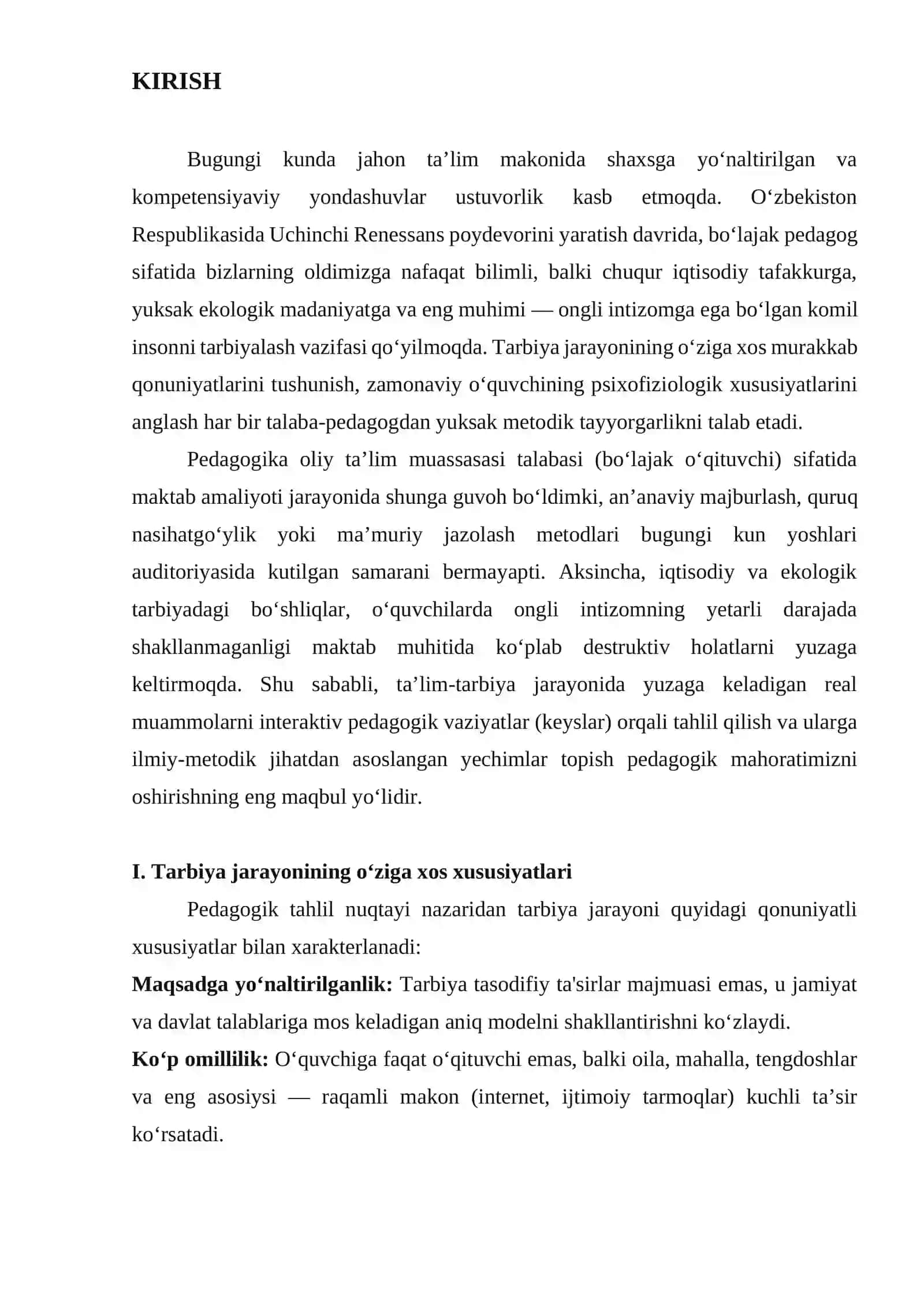 Tarbiya jarayonining o‘ziga xos xususiyatlari, iqtisodiy tarbiya,ekologik tarbiya, o‘quvchilarda ongli intizomlilikni tarbiyalash mavzusiga oid pedagogik vaziyatlar tuzish. 2