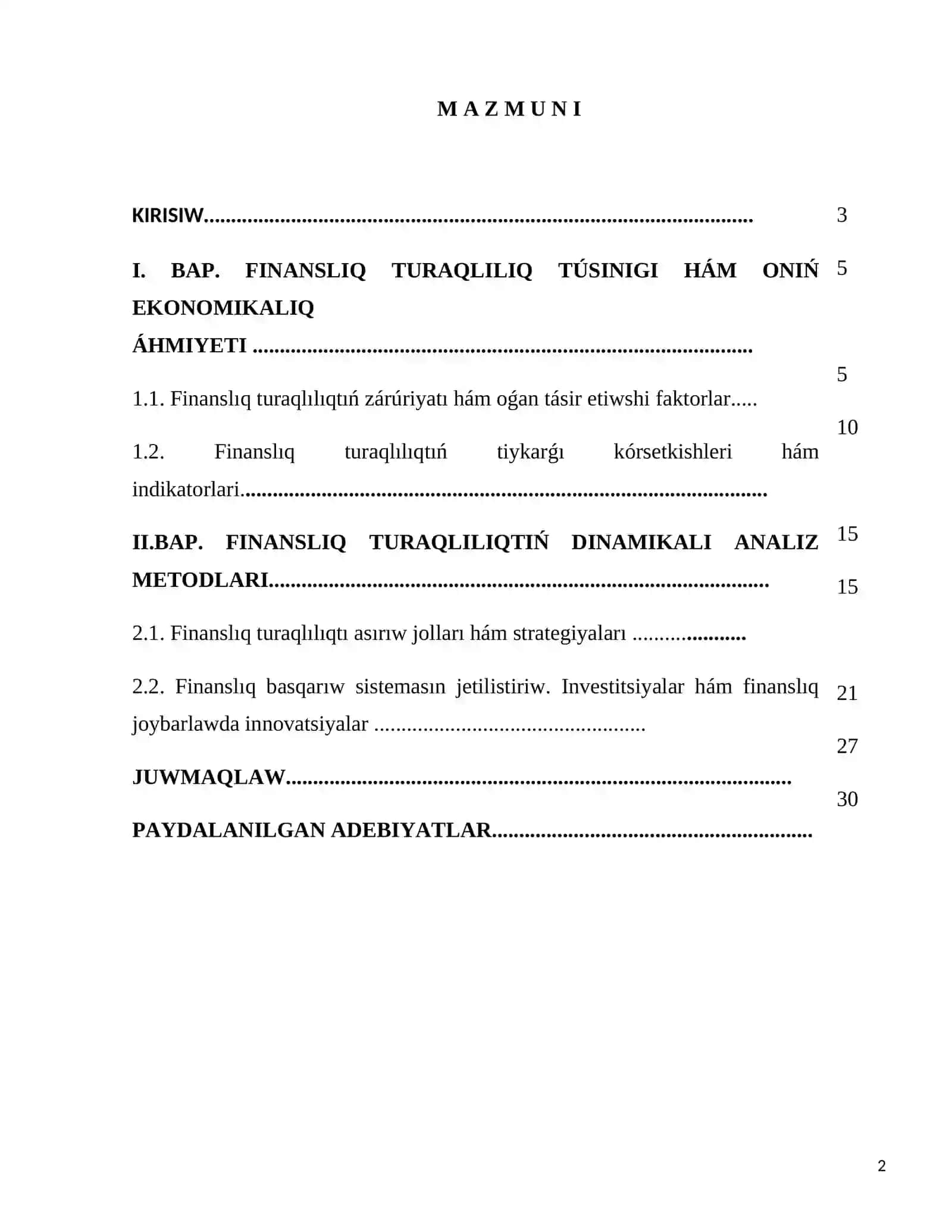 Finanslıq turaqlılıqtıń dinamikalıq ózgeriwi 2