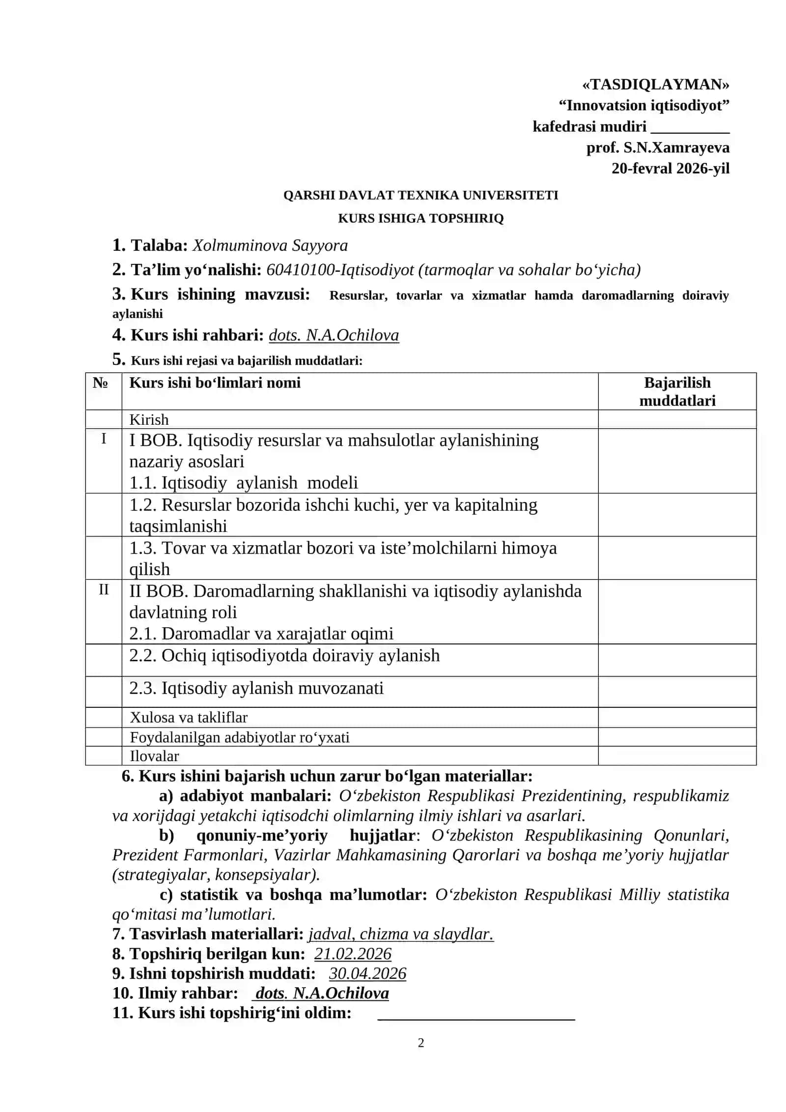 RESURSLAR, TOVARLAR VA XIZMATLAR HAMDA DAROMADLARNING DOIRAVIY AYLANISHI MAVZUSIDAGI KURS ISHI 2