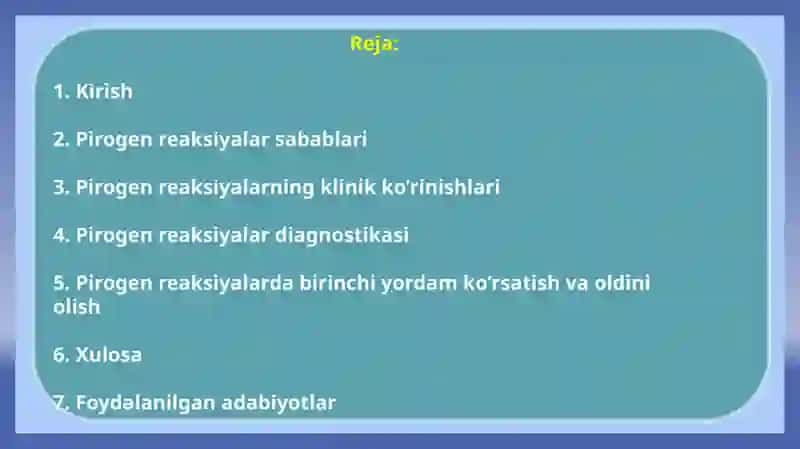 Pirogen reaksiyalar: sabablari, klinikasi va diagnostikasi, birinchi yordam. 2