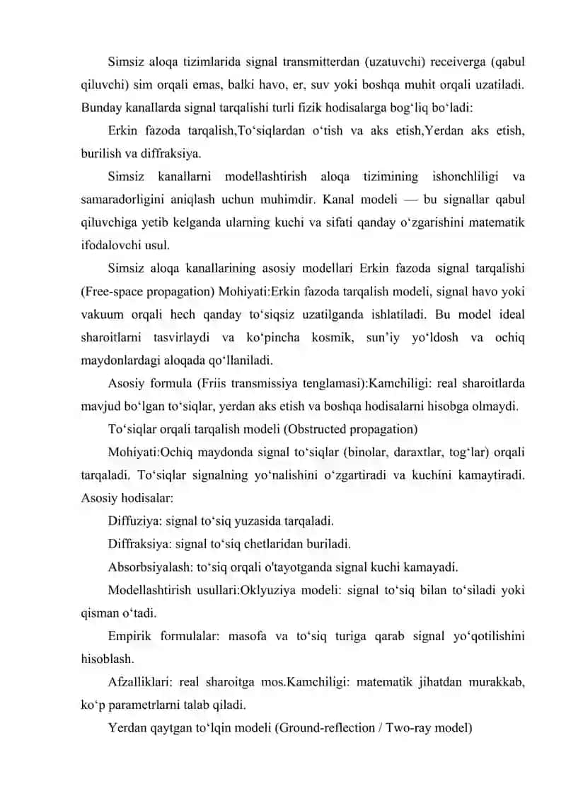 SIMSIZ ALOQA KANALLARINING ASOSIY MODELLARI. ERKIN FAZODA SIGNAL TARQALISHI, TO‘SIQLAR VA YERDAN QAYTGAN TO‘LQIN MODELLARI. 2