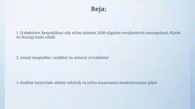 O'zbekiston Respublikasi Oliy ta'lim tizimini 2030 yilgacha uzaytirish konsepsiyasi 2